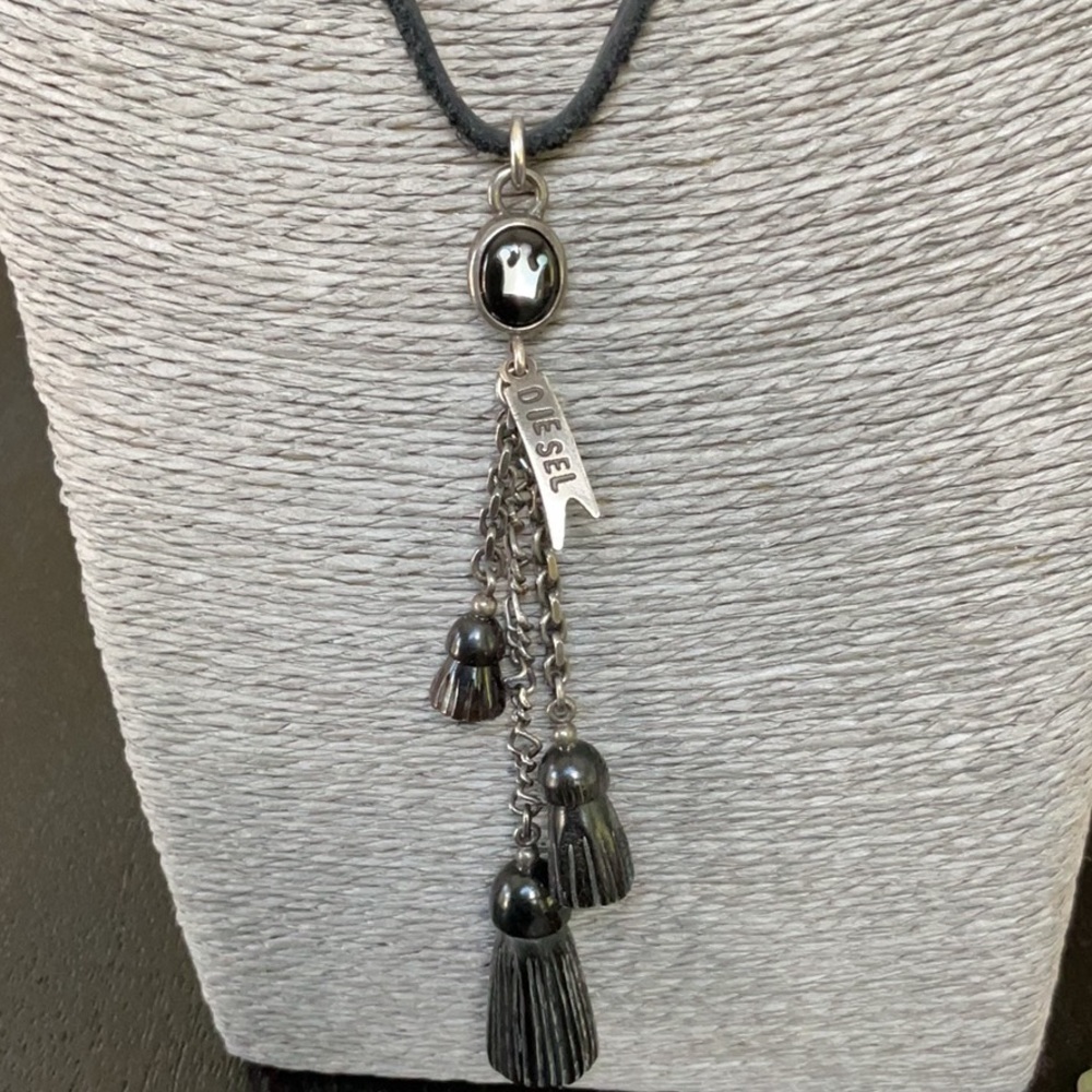 Diesel leather necklace with mother of pearl crown medallion925 silver hardware